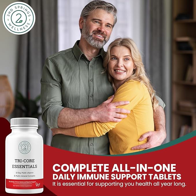 Tri-Core Essentials - 3 A Day Comprehensive Multivitamin Multimineral Complex with Probiotics, Prebiotics, Digestive Enzymes, Mushrooms, Adaptogens, and 45 Fruits and Vegetables - 180 Tablets
