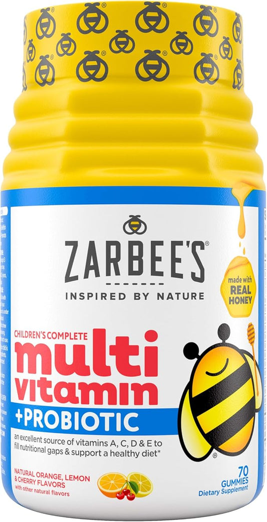 Zarbee's Kid's Complete Daily Multivitamin + Probiotic Gummies with Vitamins A B C D E & zinc for Digestive Health Easy To Chew, Natural Fruit 70 Count