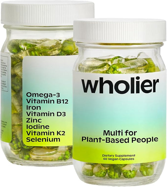 wholier Plant Based Multivitamin Vegan Omega-3 DHA EPA, Vitamin D, B12, Zinc, Vitamin K2, Iron, Iodine, Selenium. 60 Count (30-Day Supply) Glass Bottle
