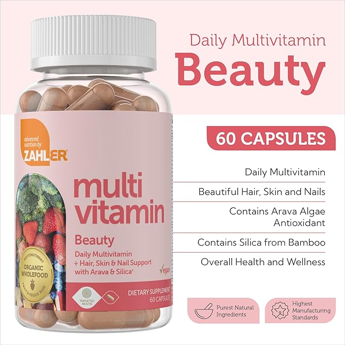Zahler Multivitamin Beauty, Daily Multivitamin +Skin Hair and Nails Support, for Women and Men with Iron, Certified Kosher, 60 Capsules