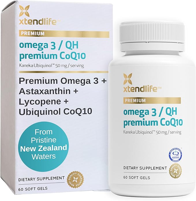 Xtendlife Omega 3 QH Premium CoQ10 Fish Oil - with DHA, EPA, and Ubiquinol - Includes Astaxanthin and Lycopene for Heart, Brain, Joint, and Skin Health - 1 Month Supply (60 Count)