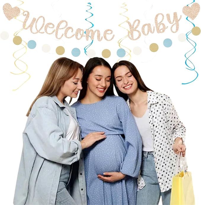 Light-Dusty Blue Beige-Champagne Baby-Shower Party-Decorations - 31pcs Welcome Home Banner Sign,Boy Paper Lanterns,Neutral Streamers Garland,Boho Tissue Pom Poms Flowers Fans Backdrop Decor Burgleda