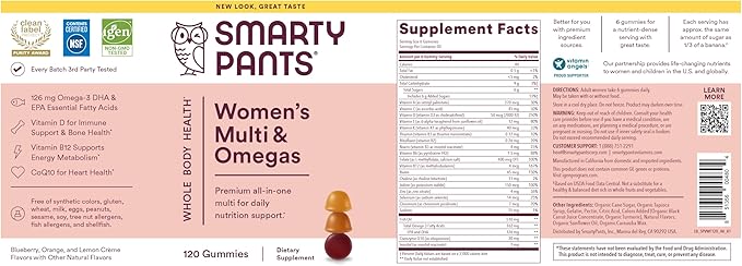 SmartyPants Women's Multivitamin Gummies: Omega 3 Fish Oil (EPA/DHA), Methylfolate, CoQ10, Vitamin D3, C, Vitamin B12, B6, A, K & Zinc, Inositol, Gluten Free, 120 Count (20 Day Supply)