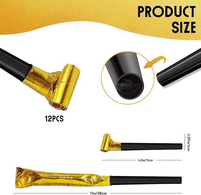 New Years Eve Party Supplies 2026-12-Pack Jumbo Party Blowers | Extends to 11 Inches with 4.3 Inch Handle | Gold Noisemakers & Whistles for Birthday, Celebration Favors & Adult Parties
