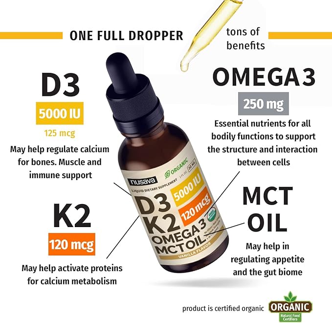 (2 Pack) Organic Vitamin D3 K2 Drops with MCT Oil Omega 3, 5000 IU - Maximum Strength Vitamin D Liquid, No Fillers, Non-GMO Liquid D3 for Faster Absorption and Immune Support (Vanilla, 1 Fl OZ x 2)
