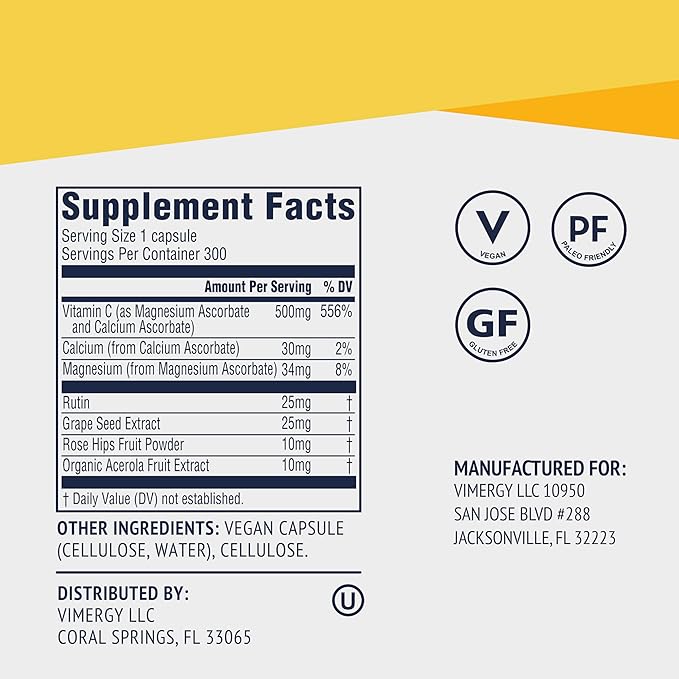 Vimergy Micro-C® Vitamin C Capsules – 500mg per Capsule, Supports Immune Health*, Promotes Collagen Production, Supports Healthy Bones*, Kosher, Vegan & Gluten-Free, Value Size 300 Capsules