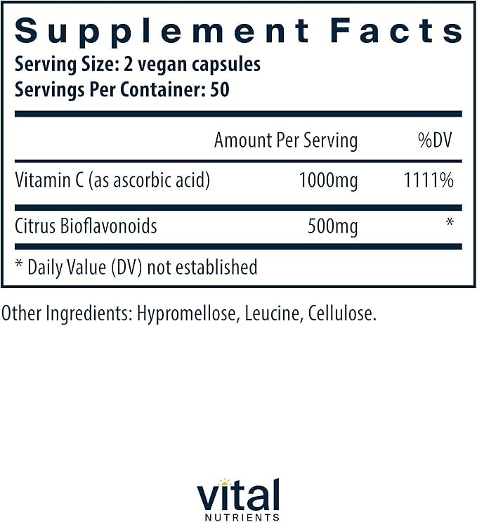 Vital Nutrients Vitamin C with Bioflavonoids | Vegan Supplement for Immune Support* | 1000mg Vitamin C and 500mg Citrus Bioflavonoid | Gluten, Dairy and Soy Free | Non-GMO | 100 Capsules