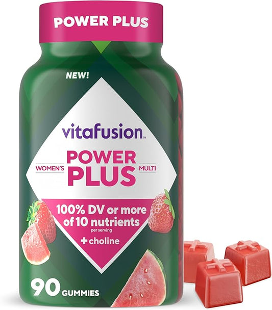 Vitafusion Power Plus Women’s Multivitamin Gummies, 100% Daily Value or More of 10 Nutrients, Helps Support Nerve, Energy Metabolism, Bone & Immune Health, Strawberry & Watermelon Flavor, 90 Count