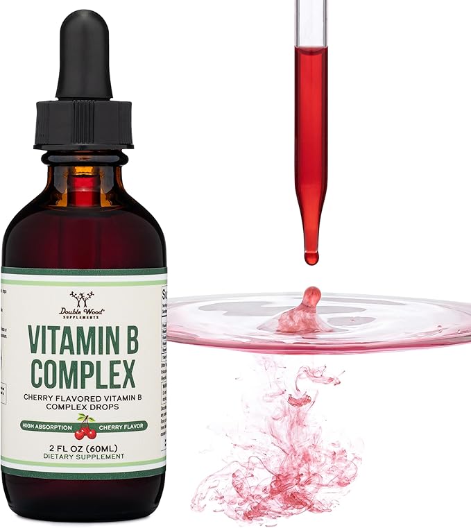 Double Wood Supplements Liquid Vitamin B Complex - 2 Month Supply - Max Absorption - B3, B6, B7 (Biotin), B9, and Vitamin B12 - Cherry Flavor - 2 FL OZ
