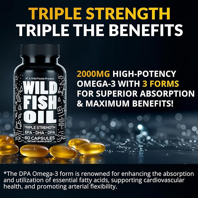 Wild Foods Fish Oil Omega 3 Supplements | 1600 mg | Highly-Potent: DPA, DHA, EPA | Burpless, Odorless, Non-GMO, Gluten Free | For Brain & Heart Health, Joint Support | 60 Capsules (1 pk) | 30 Servings