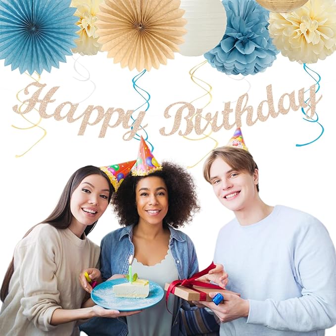 Light-Dusty Blue 18th Happy-Birthday Party-Decorations - 31pcs Women Girls Paper Lanterns Streamers Banner,Tissue Pom Poms Fans Tassels Graland Decor,Beige Champagne Wall Backdrop Supplies Hugmoon