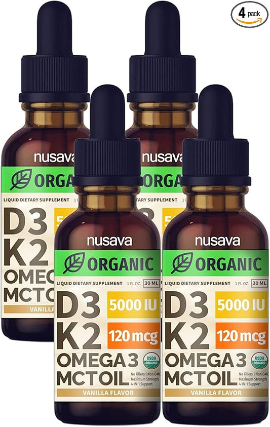 (4 Pack) Organic Vitamin D3 K2 Drops with MCT Oil Omega 3, 5000 IU, Maximum Strength Vitamin D Liquid - No Fillers, Non-GMO Liquid D3 for Faster Absorption & Immune Support (Vanilla, 4 Fl Oz)