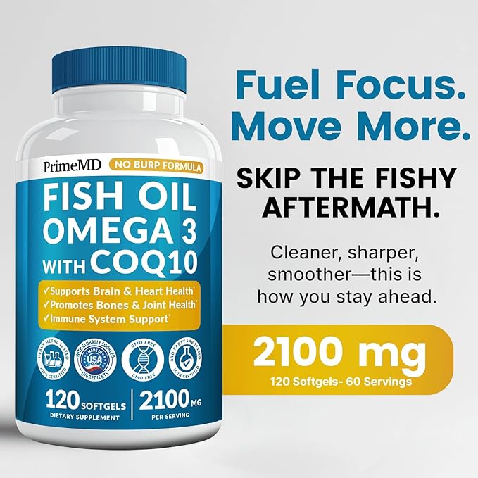 5-in-1 Fish Oil Omega 3 Fatty Supplements (2100mg) - Omega 3 Fish Oil with Vitamins D3 K2 and CoQ10 - Lemon Flavored (120 softgels)