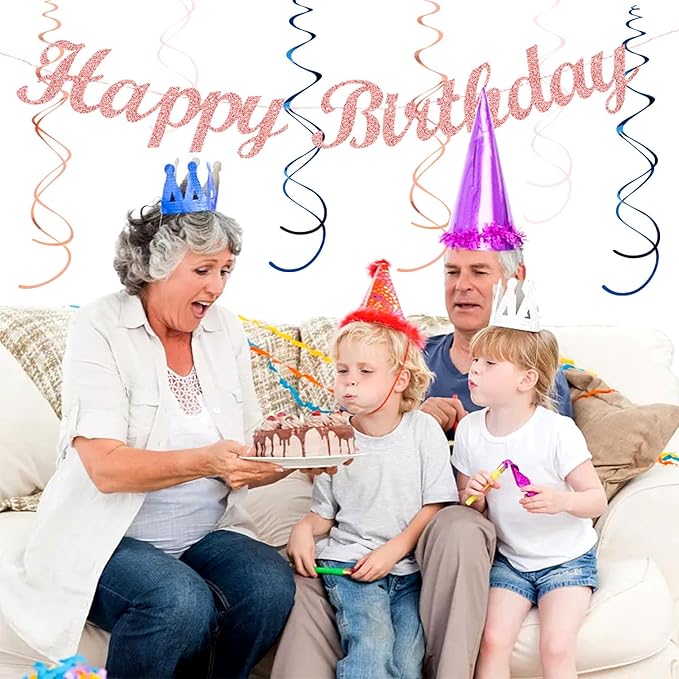 Pink Rose-Gold Navy-Blue Birthday Party-decorations - 21pcs Women Girl Happy Banner Garland, Paper Streamers Lanterns,Flower Tissue Pom Poms Fan Supplies, Princess Wall Backdrop Decor Huglony