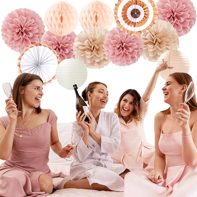 Pink Champagne-Beige Rose-Gold Boho Party-Decorations - 14Pcs Women Girls Birthday Streamers Lanterns Honeycomb Fan,Tissue Pom Poms,Fall Baby Bridal Shower Wedding Backdrop Classroom Decor Ouruola