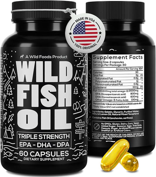 Wild Foods Fish Oil Omega 3 Supplements | 1600 mg | Highly-Potent: DPA, DHA, EPA | Burpless, Odorless, Non-GMO, Gluten Free | For Brain & Heart Health, Joint Support | 60 Capsules (1 pk) | 30 Servings