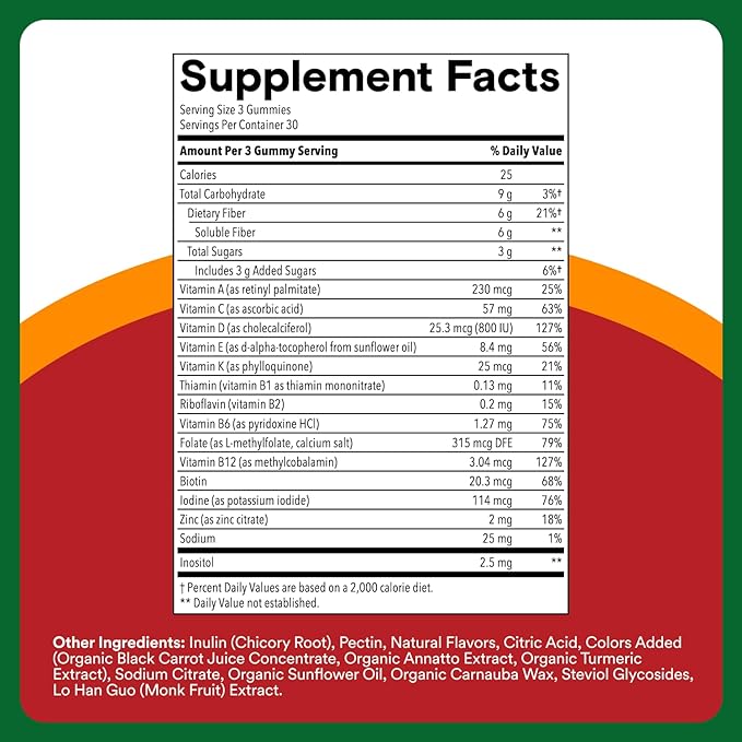 SmartyPants Fiber Supplement & Multivitamin for Men & Women - Improved Formula: Prebiotic Fiber Gummies with Omega 3 (DHA/EPA), Vitamin D3, C, Vitamin B12, B6, A, K & Zinc, 90 Count (30 Day Supply)