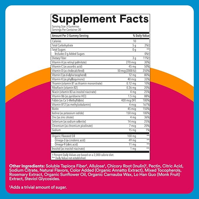 SmartyPants Zero Sugar Women’s Multivitamin Gummies: Biotin, Methylfolate, Omega 3 (ALA), Vitamin D3, C, Vitamin B12, B6, A, K, Zinc, Inositol, Gluten Free, No Sugar Alcohols, 90 Count (30 Day Supply)