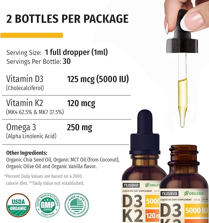 (2 Pack) Organic Vitamin D3 K2 Drops with MCT Oil Omega 3, 5000 IU - Maximum Strength Vitamin D Liquid, No Fillers, Non-GMO Liquid D3 for Faster Absorption and Immune Support (Vanilla, 1 Fl OZ x 2)