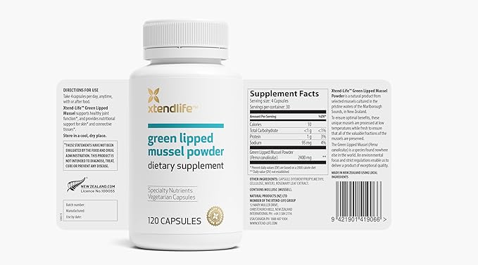 Xtendlife Green Lipped Mussel Powder - 2400mg Extra Strength Joint & Muscle Support Supplement from New Zealand with Omega 3 - 1 Month Supply