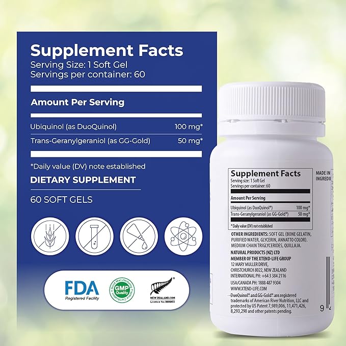 Xtendlife Xtend-Quinol - Natural CoQ10 Ubiquinol and GG (Geranylgeraniol) Supplement for CoEnzyme Q10 Production, Heart Health, Cellular Energy, and Aging Health - 2 Month Supply