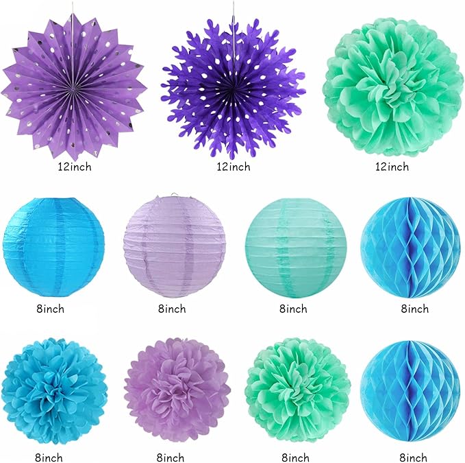 Winter-Wonderland Christmas-Snowflake Frozen Birthday Party-Decorations - 21pcs Happy Banner,Blue Purple Teal Paper Lanterns Honeycomb Streamers,Tissue Pom Poms Flower Fan,Hanging Decor Huglony