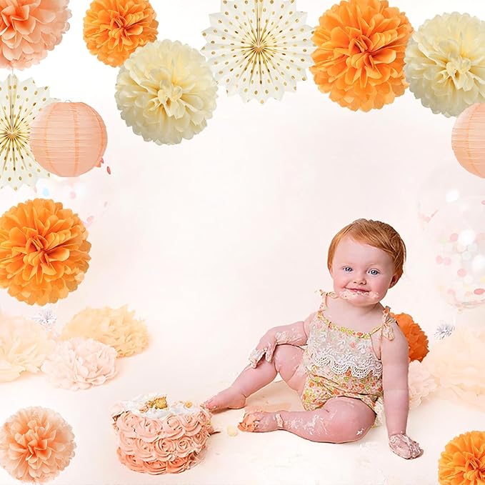 Beige-Orange Peach Fall-Boho Hanging Party-Decorations - 20pcs Autumn Friendsgiving Baby Shower Paper Lanterns Fans,Tissue Pom Poms,Honeycomb Balls,Thanksgiving Wedding Bridal Birthday Decor Burgleda