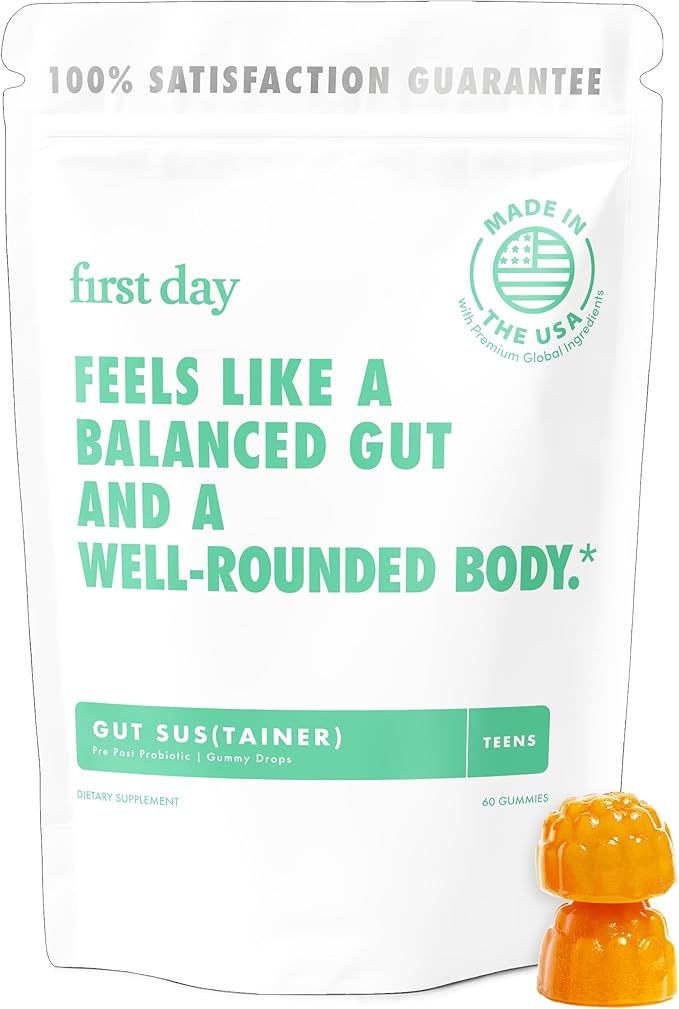 FIRST DAY Teens’ Gut Sustainer Tribiotic Gummies – 3-in-1 Prebiotic, Probiotic & Postbiotic Supplement – Supports Digestive, Skin, Oral & Immune Health, Nutrient Absorption & Growth – 30-Day Supply