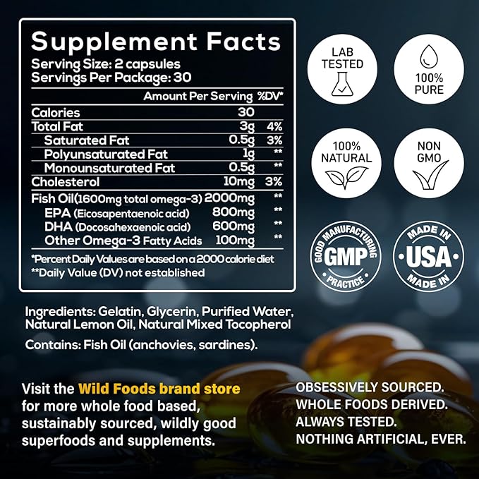 Wild Foods Fish Oil Omega 3 Supplements | 1600 mg | Highly-Potent: DPA, DHA, EPA | Burpless, Odorless, Non-GMO, Gluten Free | For Brain & Heart Health, Joint Support | 60 Capsules (1 pk) | 30 Servings