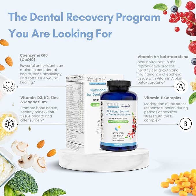 StellaLife DentaMedica Vegan Daily Multivitamin Nutritional Support for Faster Dental Surgery Recovery, VIT D3 K2 C B Zinc CoQ10 Magnesium, Healthy Bones & Gums, Non-GMO, GMP USA, 168 Capsules