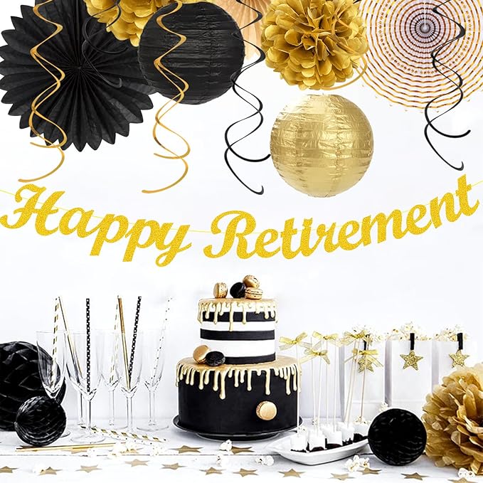 Black Gold Women-Men Happy-Retirement Party-Decorations - 21pcs Celebration Banner,Paper Streamers Lanterns Honeycomb,Tissue Flowers Pom Poms Fan, Classroom Backdrop Supplies Garland Decor Huglony