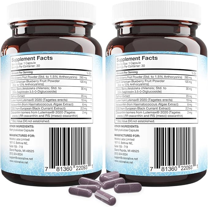 Vision Alive Max with 8 Natural Ingredients Lutemax® 2020, Bilberries, Blueberries, c3g from Black Currant, Maqui Berry, Saffron, and Astaxanthin (30 Count (Pack of 2))