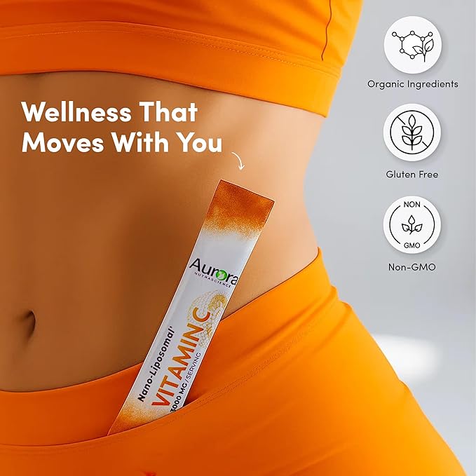 Aurora Nutrascience Nano-Pack Liposomal Vitamin C Powder Drink Mix, Immune Support, High Strength 3,000 mg Per Serving 10 Single Serve Packets, Orange