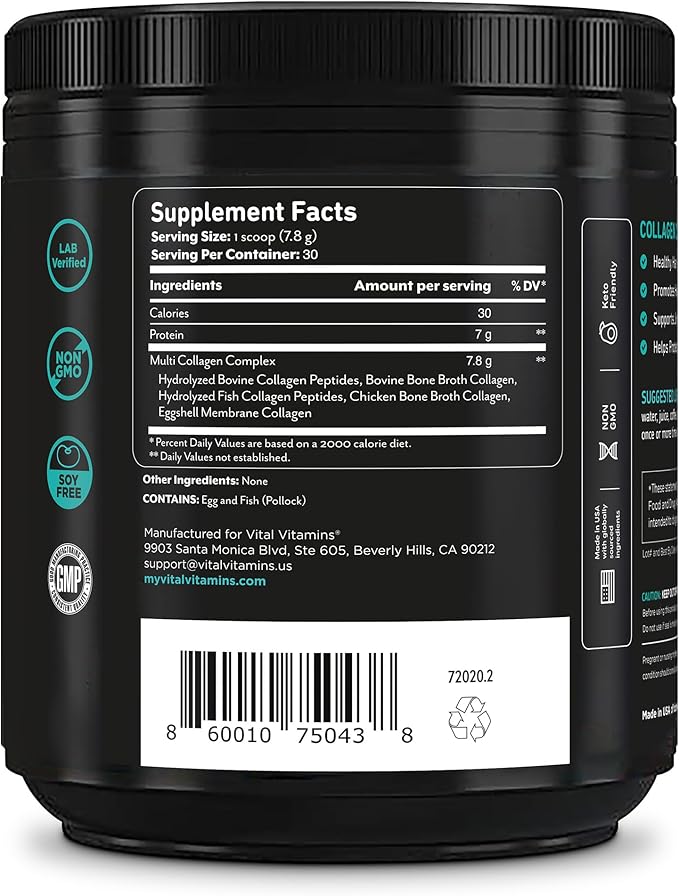 Vital Vitamins Multi Collagen Peptides Powder - Unflavored, Easy to Dissolve - Type I, II, III, V, X - for Women & Men - Promotes Hair, Skin, Nails, & Joint Health - 30 Servings
