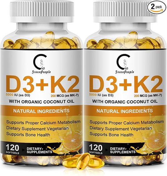 Vitamin D3 K2 Supplement with Vitamin D3 5000 IU, 200 mcg Vitamin K2 MK-7 & Natural Coconut Oil, Plant Based 2-1 Formula for Bone, Teeth, Muscle and Immune Health Support (120 Count (Pack of 2))