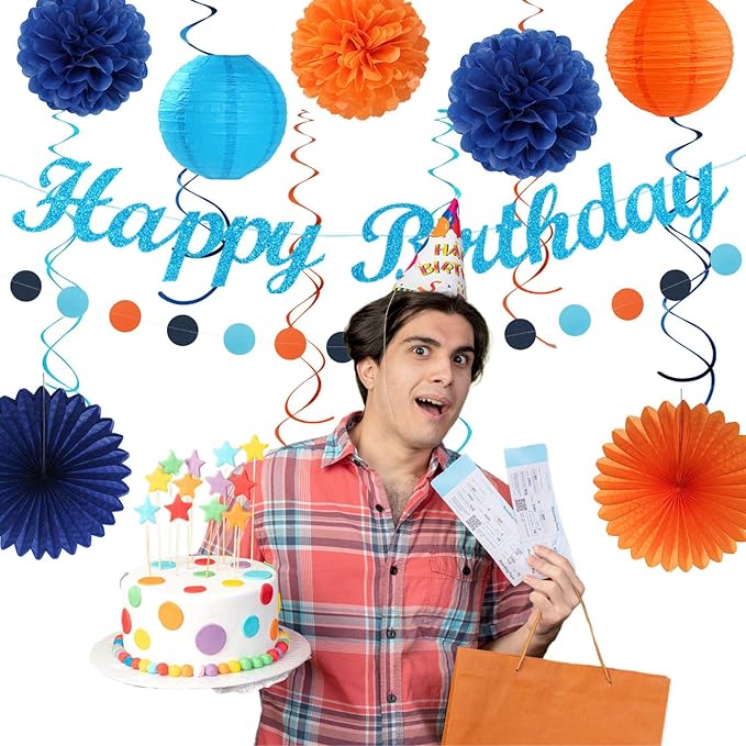 Royal-Navy Blue Orange Happy-Birthday Party-Decorations - 31pcs Men Boys Paper Lanterns Streamers Banner,Tissue Flowers Pom Poms Fans Tassels Garland Decor Backdrop Supplies Hugmoon