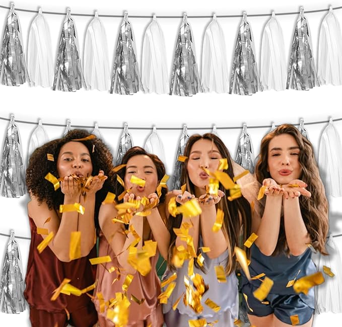 3P White Silver Metallic Fringe Tassel Banner Garland Foil Tinsel Streamer Wall Hanging Curtain Backdrop Banner for Parade Floats, Graduation Bridal/Baby Shower Retirement Party Decorations