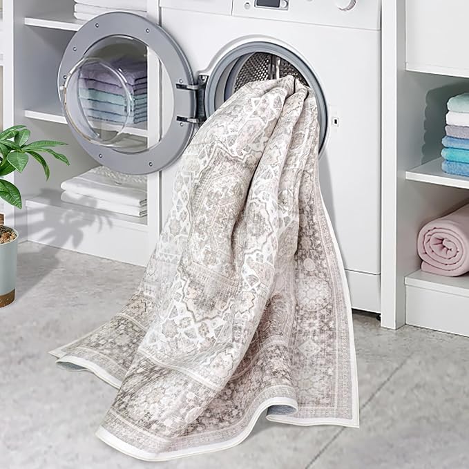 8x10 Rug - Cream & Grey Area Rug - Foldable Non Slip Vintage Rugs for Living Room - Modern Area Rugs 8x10 - Boho Living Room Rugs for Bedroom Dining Room, Distressed Pattern Carpet