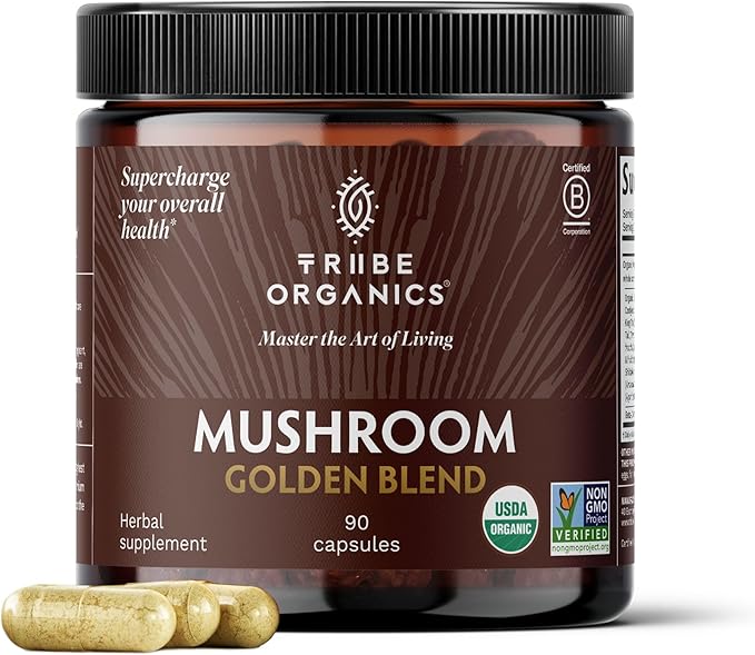 TRIBE ORGANICS Mushroom Golden Blend Vegan Capsules Supplement - Adaptogenic Mushrooms Powder Immune Support Supplement - 10-in-1 Mushrooms for Immunity Support & Brain Health - 90 Count 30 Servings