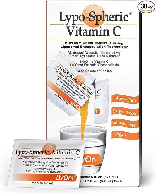 LivOn Laboratories Lypo–Spheric Liposomal Vitamin C 1000mg - No Sugar, Immune Support, Plant Based - Easy to Swallow, Absorbable - Non–GMO, Gluten Free (0.2 fl oz Individual 30 Packets)