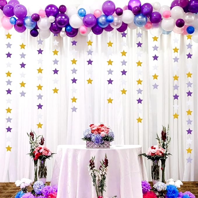 Purple-Lavender White-Gold Party-Decorations Star Garland - 62ft Streamers Hanging Banner,Girl Birthday Wedding Twinkle Twinkle Little Star Baby Bridal Shower Graduation Decor Hugtmr