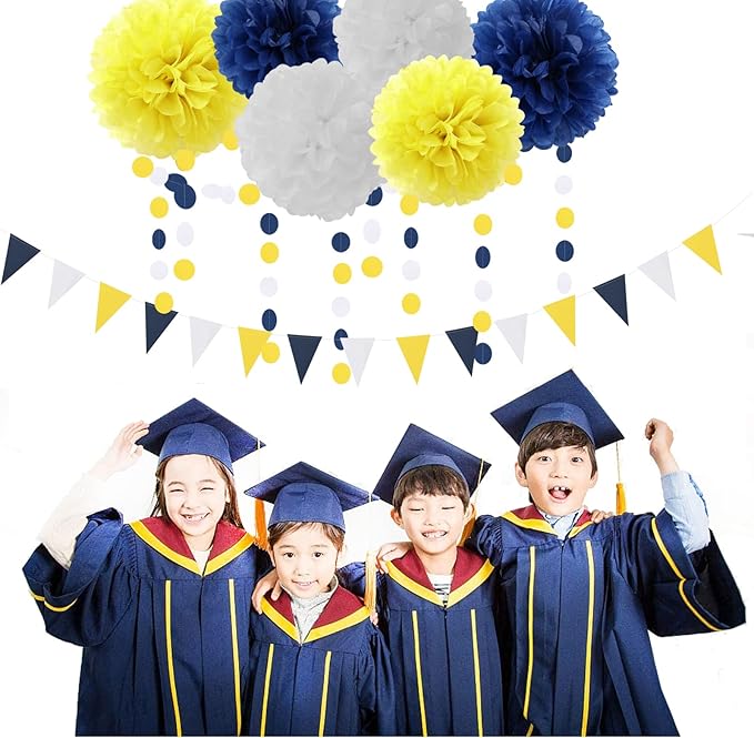 Navy-Blue White-Yellow Graduation Party Decorations - 23pcs Tissue Pom Poms Streamers,Birthday Tassel Garland Banner,Wedding Engagement Baby Bridal Shower Decor Ouruola