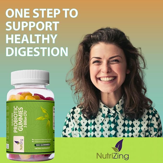 NutriZing Sugar Free Probiotic Gummies for Women & Men - Fruit Flavored Chewable Probiotic Gummy - Probiotics for Digestive Health - Immune Support & Gut Health Supplement - 100 Count, 5 Bn CFU
