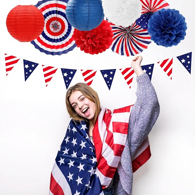 Red-White Blue Memorial-Day Patriotic Decorations - 21pcs 4th Fourth of July Paper Lanterns Fans,Tissue Pom Poms Streamers,Honeycomb Balls,USA Americana Independence Banner Decor Burgleda