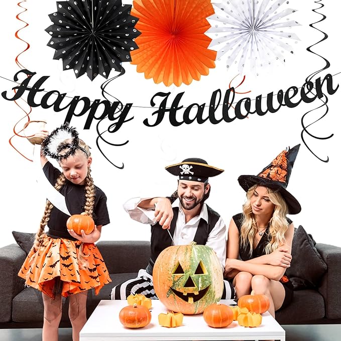 Black-White Orange Happy-Halloween Party-Decorations - 21pcs Birthday Banner,Paper Lanterns Honeycomb,Tissue Pom Poms Flower Fan,Kids Classroom Hanging Streamers Garland Decor Supplies Huglony