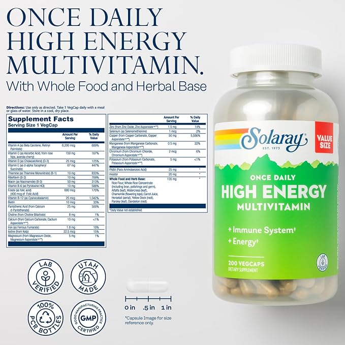 SOLARAY Once Daily High Energy Multivitamin for Women and Men - Energy Supplements - Immune Support w/Vitamin C, A, D and E, Vitamin B Complex, Trace Minerals, 60-Day Guarantee, 200 Serv, 200 VegCaps