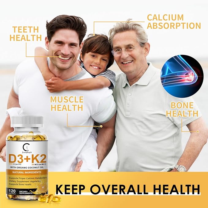 Vitamin D3 K2 Supplement with Vitamin D3 5000 IU, 200 mcg Vitamin K2 MK-7 & Natural Coconut Oil, Plant Based 2-1 Formula for Bone, Teeth, Muscle and Immune Health Support,120 Softgel Capsules