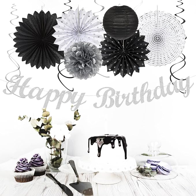 Black White Silver Birthday Party-decorations - 21pcs Boys Men Happy Banner,Paper Streamers Lanterns Honeycomb,Tissue Pom Poms Fan,Adult Supplies Decor 16th 20th 40th 45th 50th 60th Huglony