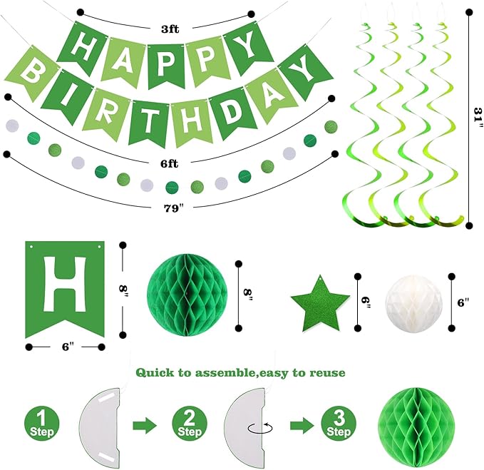 meowtastic Birthday Decorations, Happy Birthday Banner with Honeycomb Balls, Stars Hanging Swirls Streamers, Circle Dots Garland, Happy Birthday Party Decorations for Women Men Boys Girls (Green)