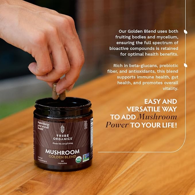 TRIBE ORGANICS Mushroom Golden Blend Vegan Capsules Supplement - Adaptogenic Mushrooms Powder Immune Support Supplement - 10-in-1 Mushrooms for Immunity Support & Brain Health - 90 Count 30 Servings